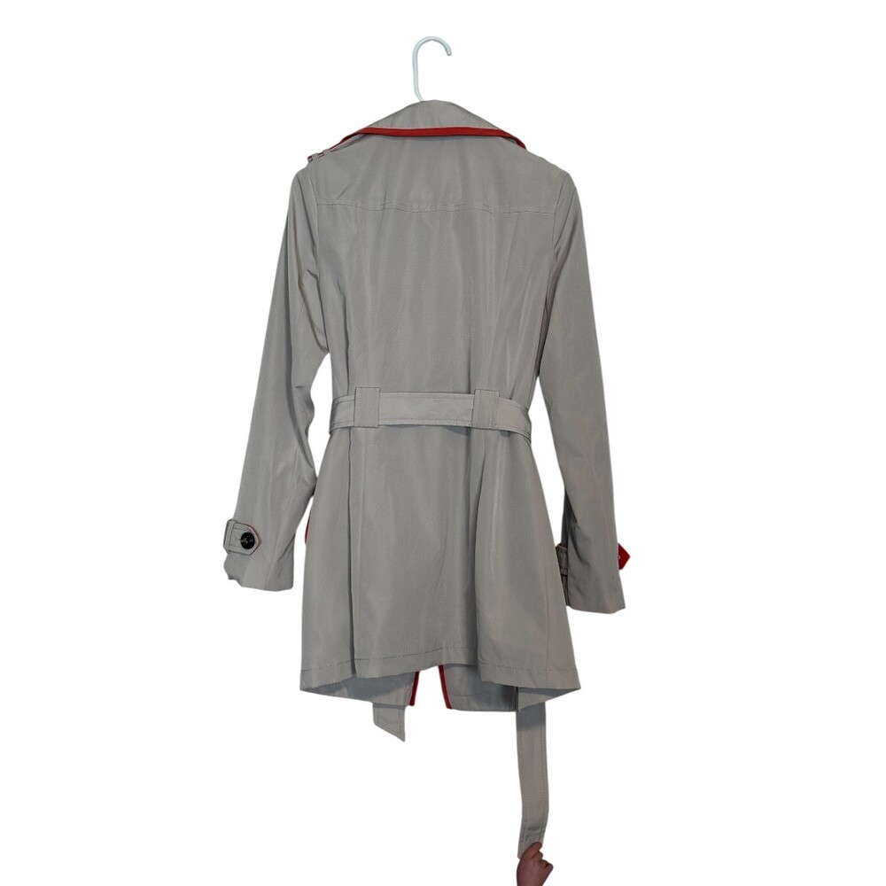 Braetan Gray Trench Coat Red Trim Belted Double Breasted Women’s Small - Picture 5 of 15